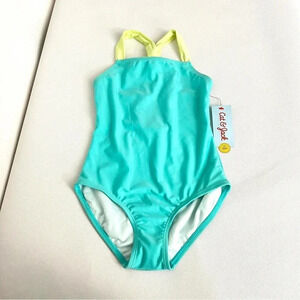 One Piece Swimsuit Cat & Jack Teal Lime Back Detail Size Small (6/6X6) UPF 50+